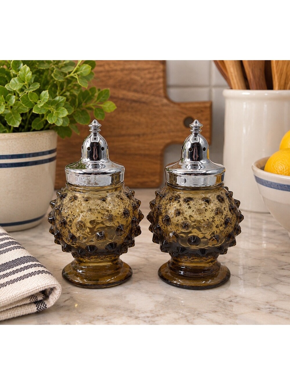 Vintage Imperial Glass Nutmeg Brown Hobnail Salt Pepper Shakers IG Marked